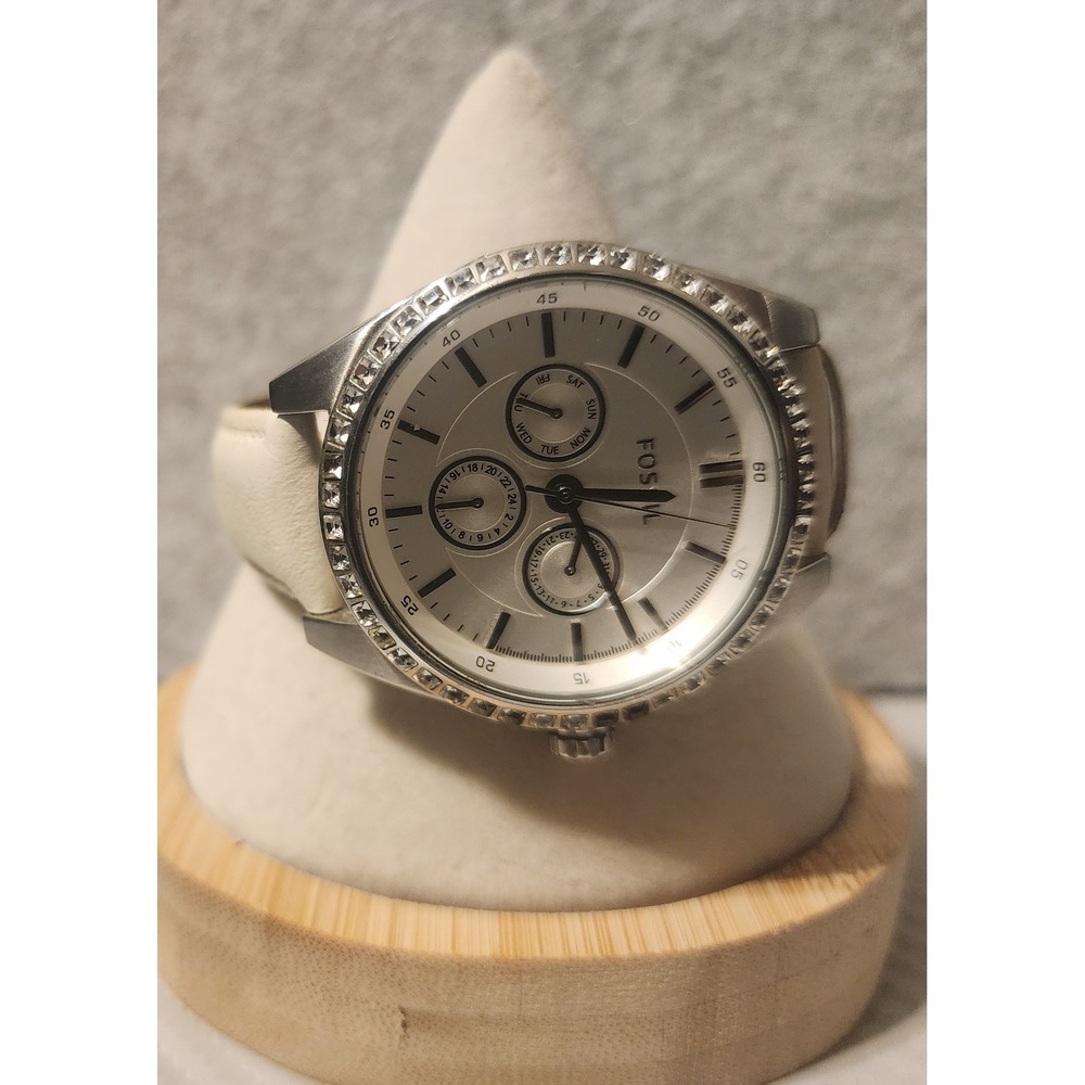 Fossil Riley Multifunction Watch Silver Dial Crystal Bezel Cream Leather READ